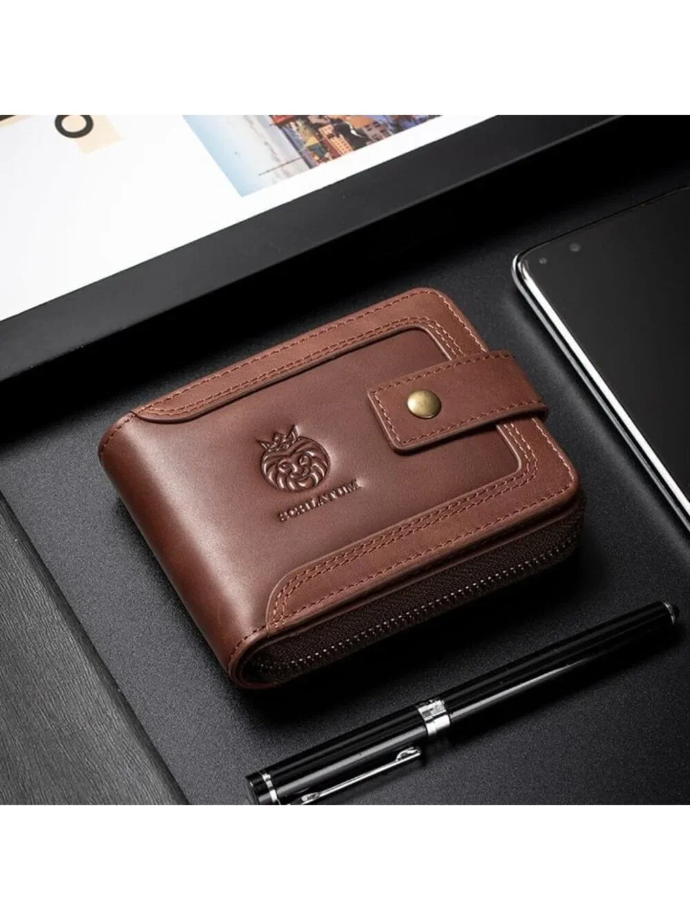 Vintage Genuine Leather RFID Blocking Zipper Wallet for Men, Large Capacity